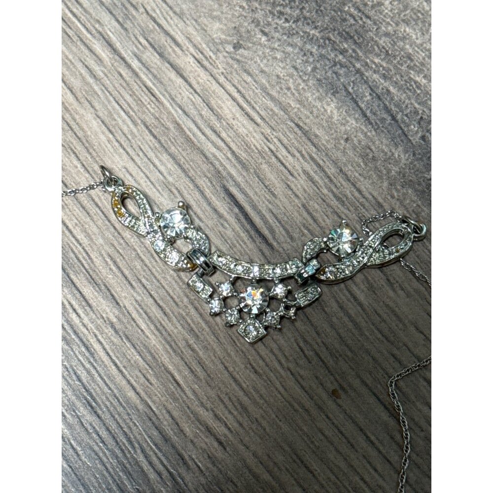 Lang Sterling Silver Costume 50's / 60's Necklace With Rhinestone Accents & Intr